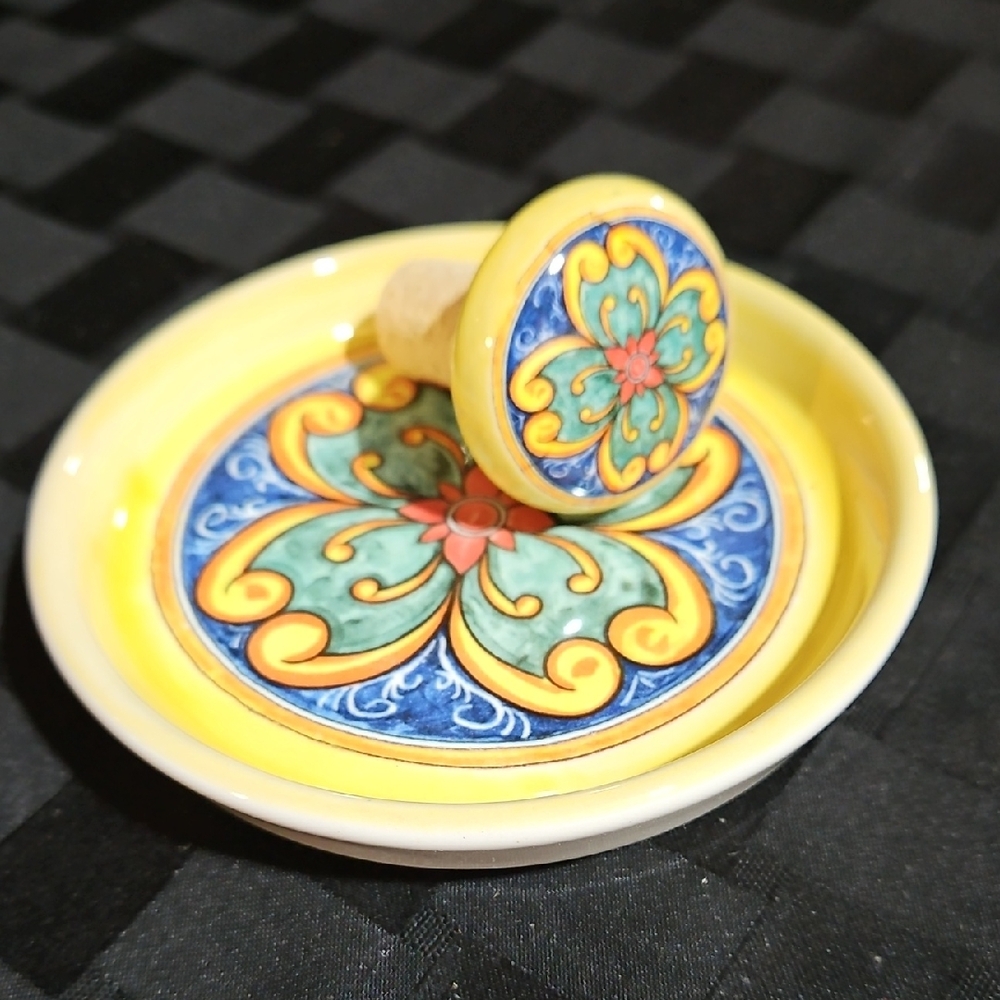 VTG Sorrento Italy Hand-Painted Ceramic Wine Coaster & Stopper Set of 2